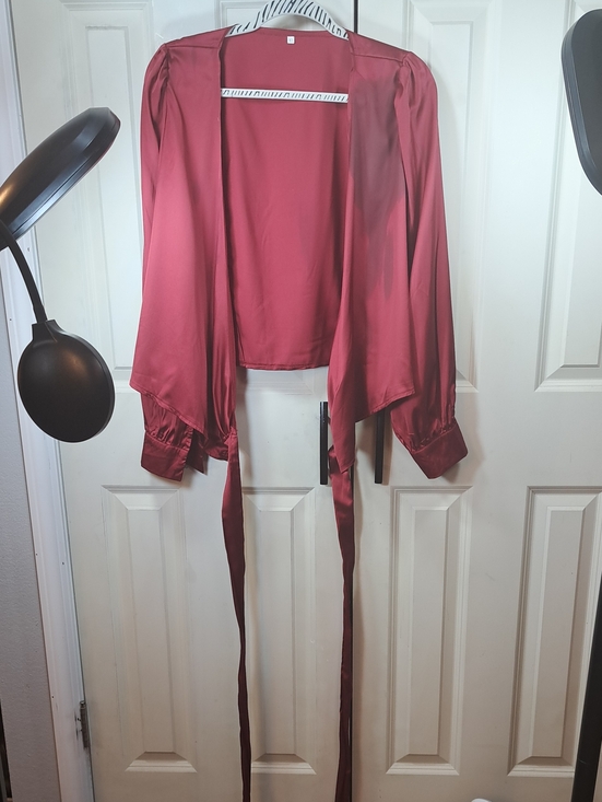 Tops - Satin Burgundy Open Front Tie-Front Blouse